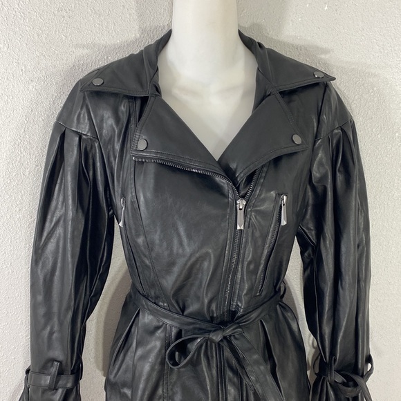 BCBGMaxazria Kinsley Black Vegan Leather Balloon Sleeve Belted Moto Jacket XS - Picture 3 of 16